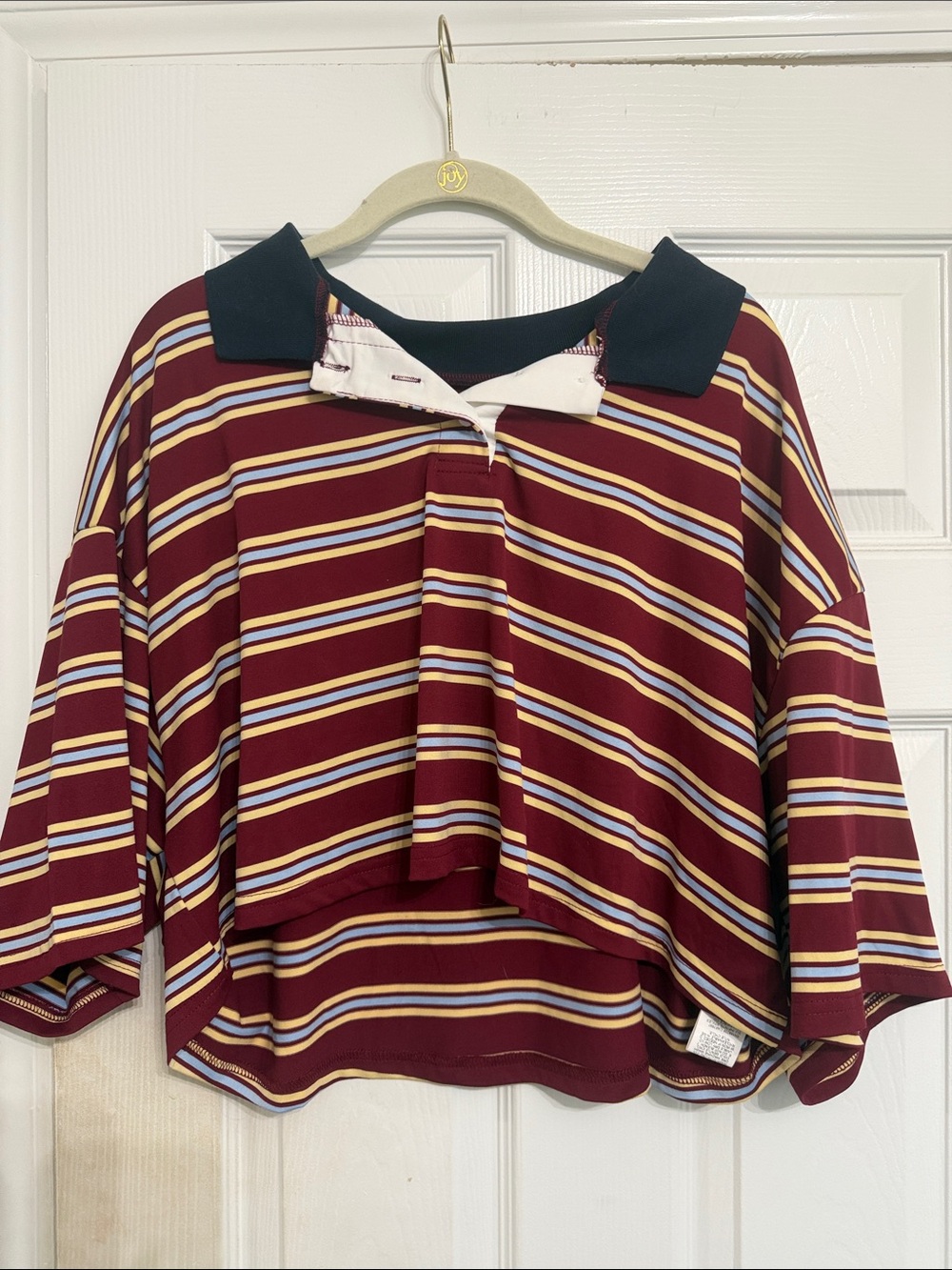 Shein Striped Crop Polo Top in Burgundy with Navy Collar